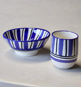 Household Hardware - Painted Bowls - Bleu/Black Stripe